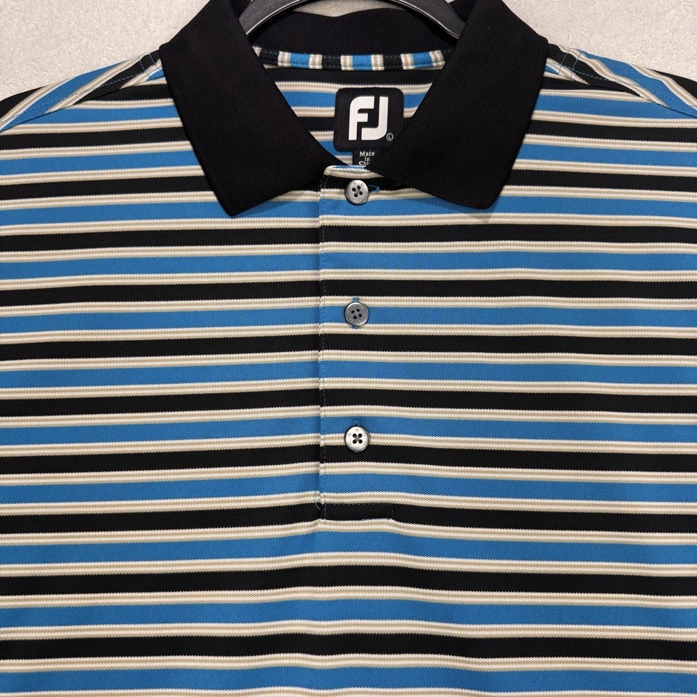 FootJoy Shirt Mens L Blue White Black Stripe S/S Polo Performance Stretch Mesh